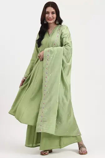 Yufta green solid roman silk anarkali kurta palazzo dupatta set