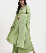 green solid roman silk anarkali kurta palazzo dupatta set