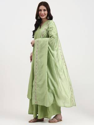 green solid roman silk anarkali kurta palazzo dupatta set 2