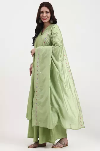 green solid roman silk anarkali kurta palazzo dupatta set