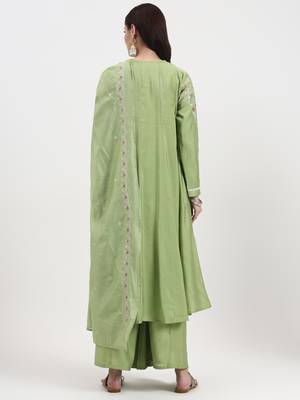 green solid roman silk anarkali kurta palazzo dupatta set 3