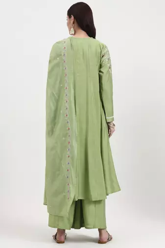 green solid roman silk anarkali kurta palazzo dupatta set