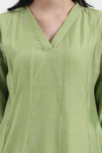 green solid roman silk anarkali kurta palazzo dupatta set