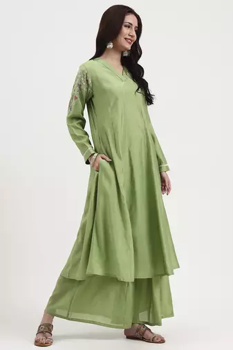 green solid roman silk anarkali kurta palazzo dupatta set