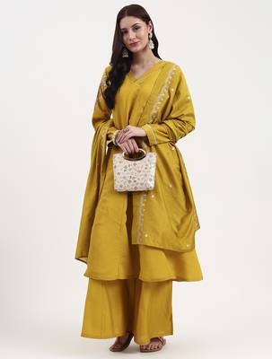 mustard solid roman silk anarkali kurta palazzo dupatta set 1