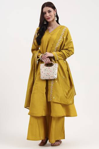 Yufta mustard solid roman silk anarkali kurta palazzo dupatta set