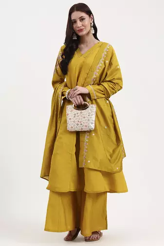 Yufta mustard solid roman silk anarkali kurta palazzo dupatta set