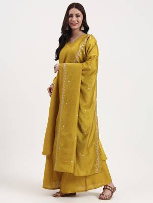 mustard solid roman silk anarkali kurta palazzo dupatta set 2