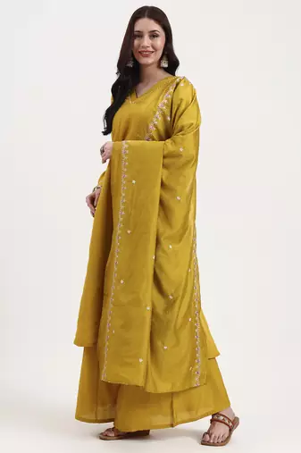 mustard solid roman silk anarkali kurta palazzo dupatta set