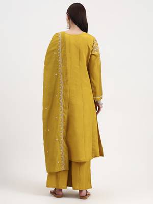 mustard solid roman silk anarkali kurta palazzo dupatta set 3
