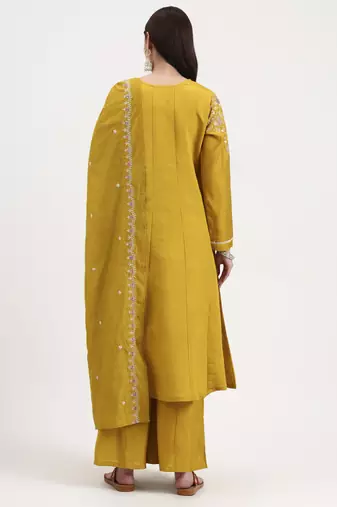 mustard solid roman silk anarkali kurta palazzo dupatta set