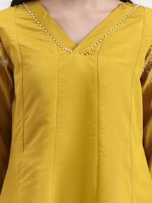 mustard solid roman silk anarkali kurta palazzo dupatta set 4