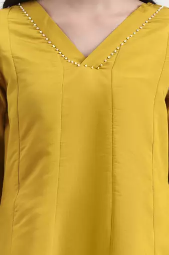 mustard solid roman silk anarkali kurta palazzo dupatta set