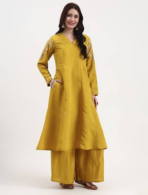 mustard solid roman silk anarkali kurta palazzo dupatta set 5