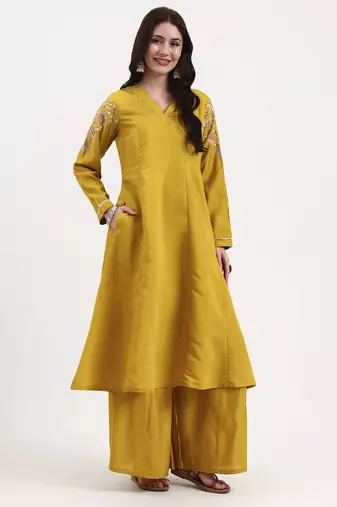 mustard solid roman silk anarkali kurta palazzo dupatta set