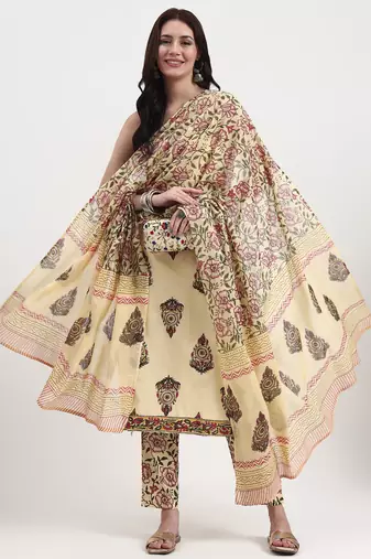 Yufta beige pure cotton sequins work straight kurta trouser dupatta set