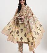 beige pure cotton sequins work straight kurta trouser dupatta set