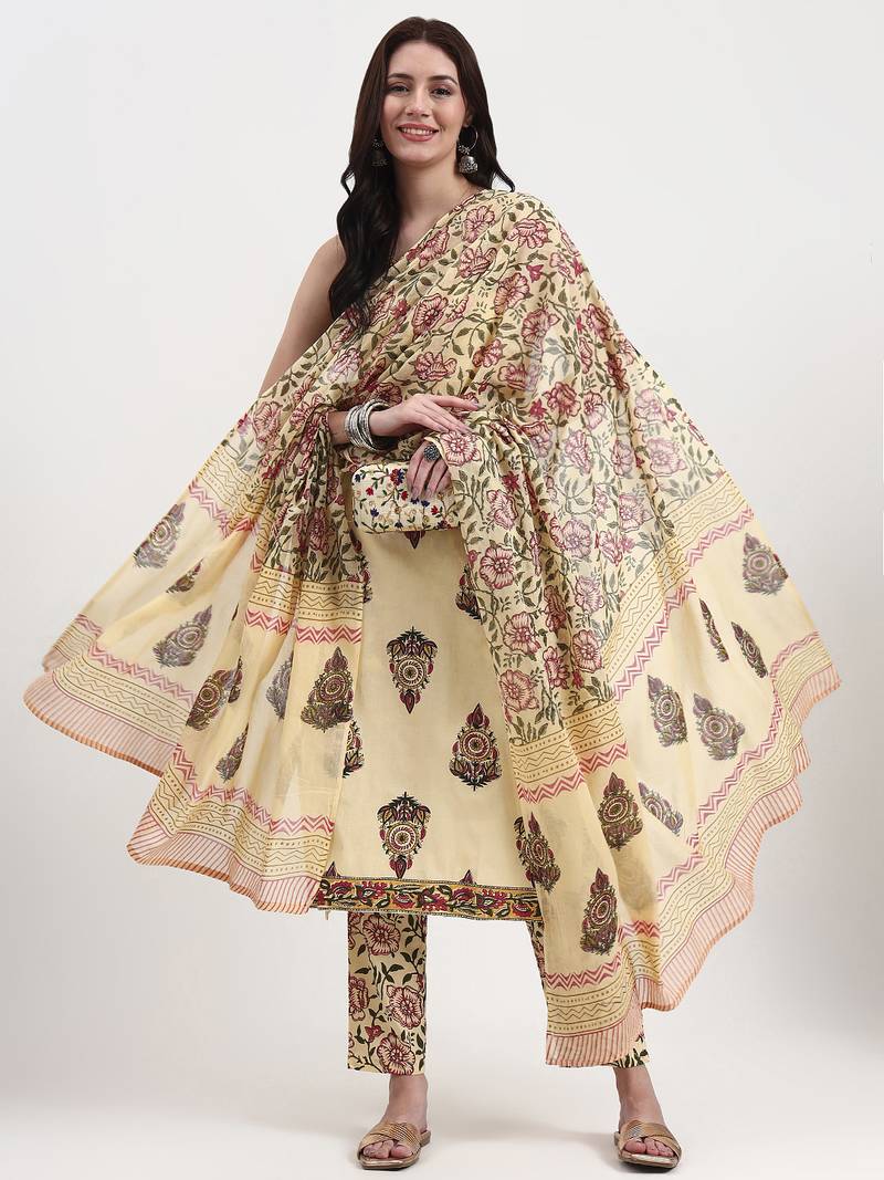 Yufta beige pure cotton sequins work straight kurta trouser dupatta set