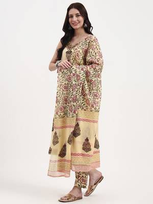 beige pure cotton sequins work straight kurta trouser dupatta set 2