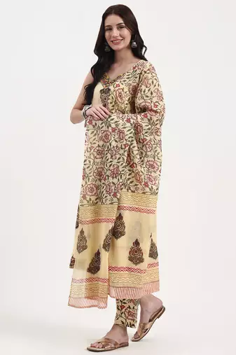 beige pure cotton sequins work straight kurta trouser dupatta set