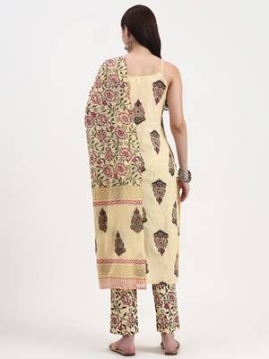 beige pure cotton sequins work straight kurta trouser dupatta set 3
