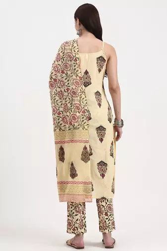 beige pure cotton sequins work straight kurta trouser dupatta set