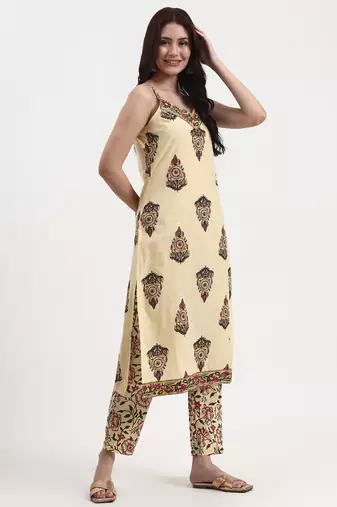 beige pure cotton sequins work straight kurta trouser dupatta set