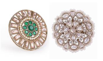 Round design green and grey stone gold plated set of 2 combo brass adjustable finger ring for women 1