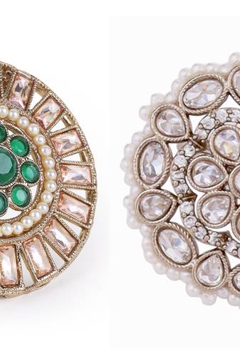 Round design green and grey stone gold plated set of 2 combo brass adjustable finger ring for women