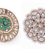 Round design green and grey stone gold plated set of 2 combo brass adjustable finger ring for women