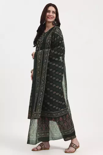 green pure cotton a flared kurta set with pant and dupatta