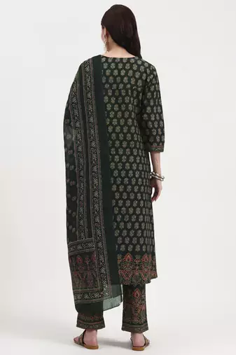 green pure cotton a flared kurta set with pant and dupatta