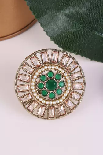 Round design green and grey stone gold plated set of 2 combo brass adjustable finger ring for women