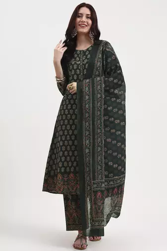 green pure cotton a flared kurta set with pant and dupatta