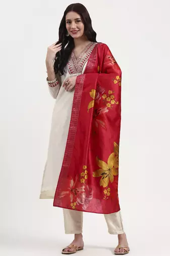 Yufta cream chanderi a line dori embroidery kurta set with pant and dupatta