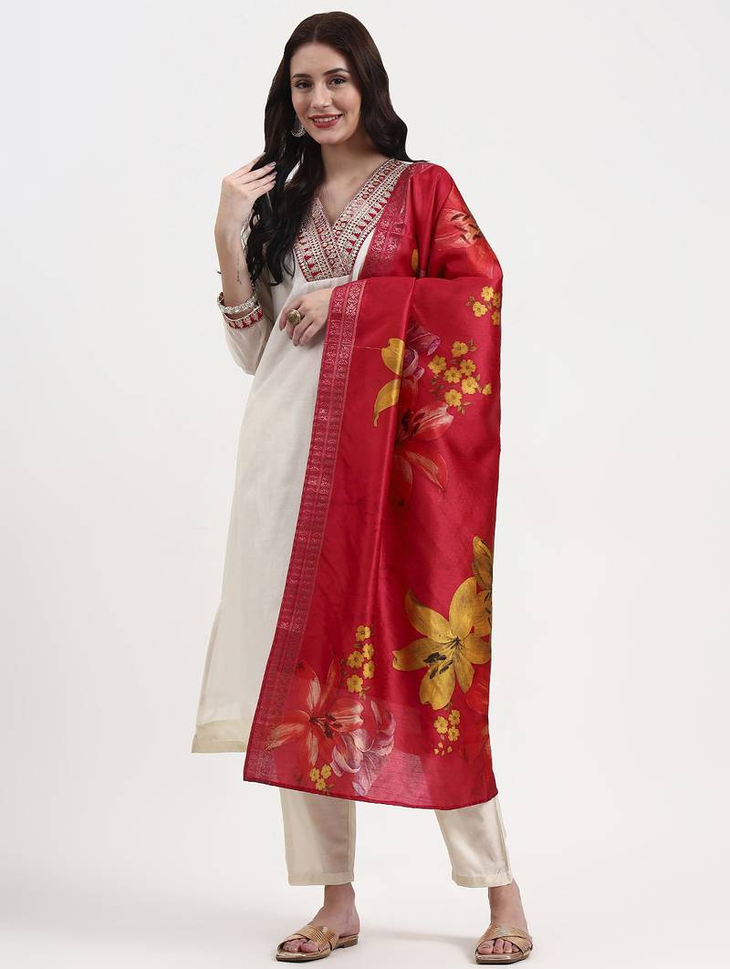 Yufta cream chanderi a line dori embroidery kurta set with pant and dupatta