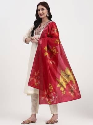 cream chanderi a line dori embroidery kurta set with pant and dupatta 2