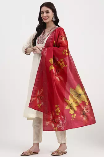 cream chanderi a line dori embroidery kurta set with pant and dupatta