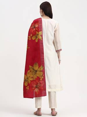 cream chanderi a line dori embroidery kurta set with pant and dupatta 3