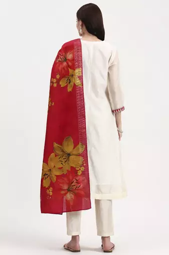 cream chanderi a line dori embroidery kurta set with pant and dupatta