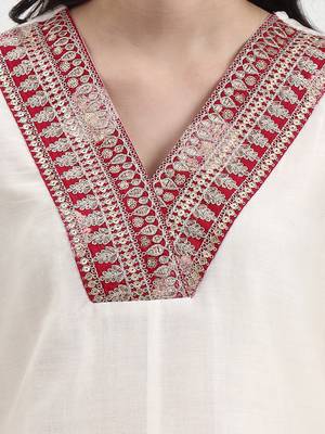 cream chanderi a line dori embroidery kurta set with pant and dupatta 4