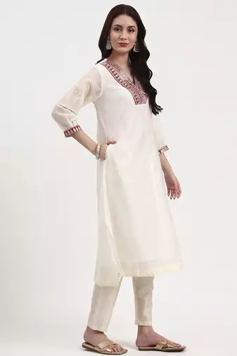 cream chanderi a line dori embroidery kurta set with pant and dupatta