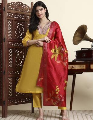 yellow chanderi a line dori embroidery kurta set with pant and dupatta 1