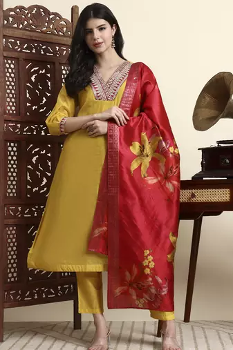 Yufta yellow chanderi a line dori embroidery kurta set with pant and dupatta