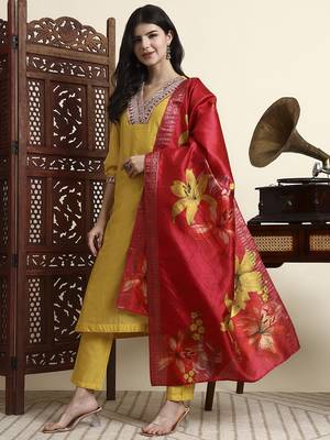 yellow chanderi a line dori embroidery kurta set with pant and dupatta 2