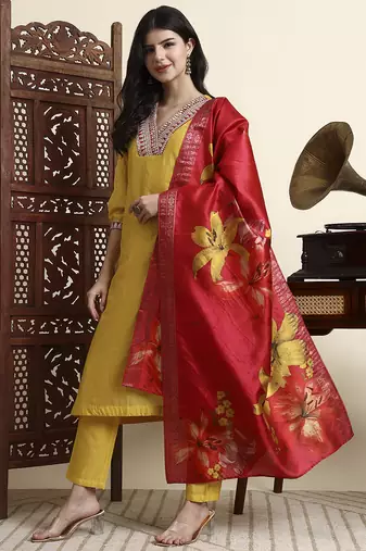 yellow chanderi a line dori embroidery kurta set with pant and dupatta