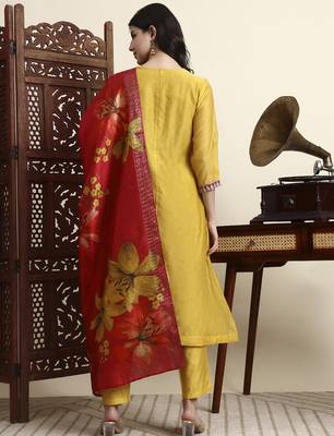 yellow chanderi a line dori embroidery kurta set with pant and dupatta 3