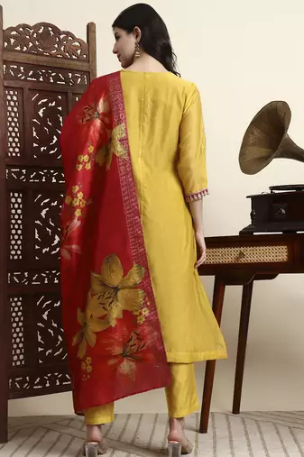 yellow chanderi a line dori embroidery kurta set with pant and dupatta