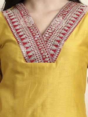 yellow chanderi a line dori embroidery kurta set with pant and dupatta 4