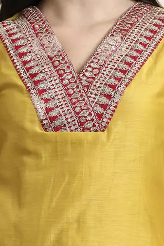 yellow chanderi a line dori embroidery kurta set with pant and dupatta